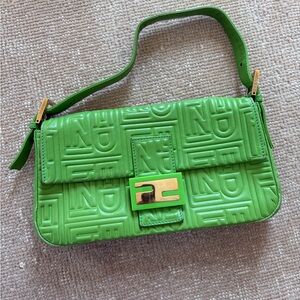 Fendi Green Embossed Shoulder Bag with Gold Clasp